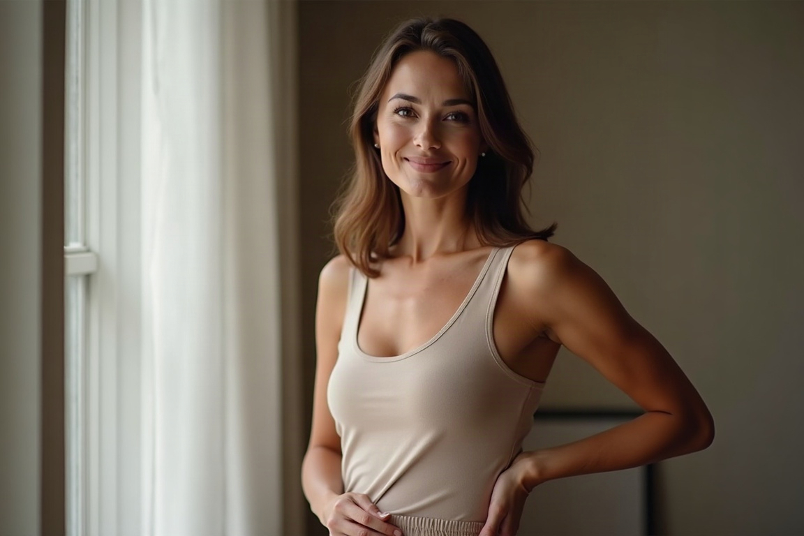 Woman in her 40s with a toned, relaxed midsection standing in soft natural light