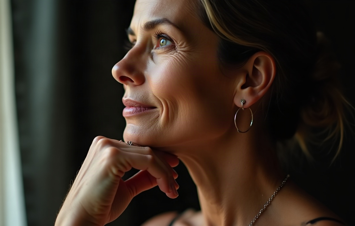Woman with a firm, lifted jawline and neck in soft natural light